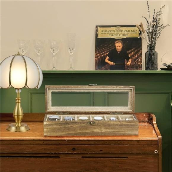 Watch Box Case Organizer Display for Men Women, 6 Slot Wood Box with Glass Top - Picture 3 of 6